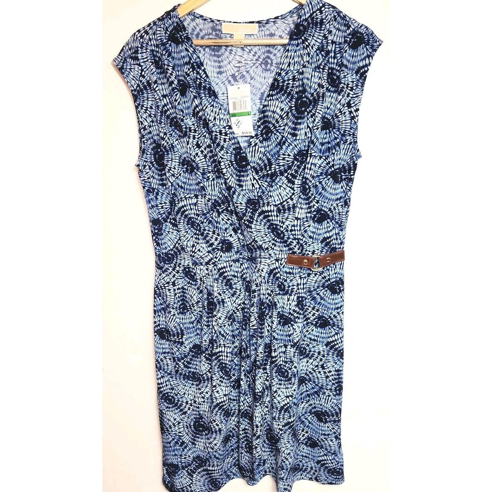 MICHAEL KORS Blue Sleeveless Mock Wrap Dress Gold Logo Buckle Size L